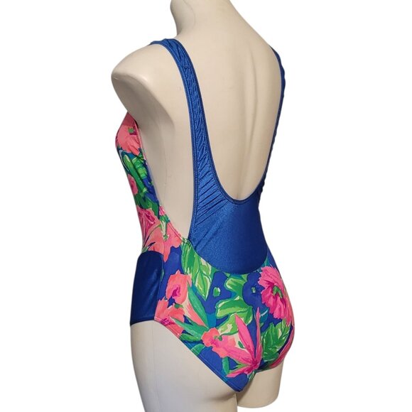 Vintage Seal Beach Unique Design Swimsuit Fits Medium Blue Tropical One Piece - Picture 3 of 7